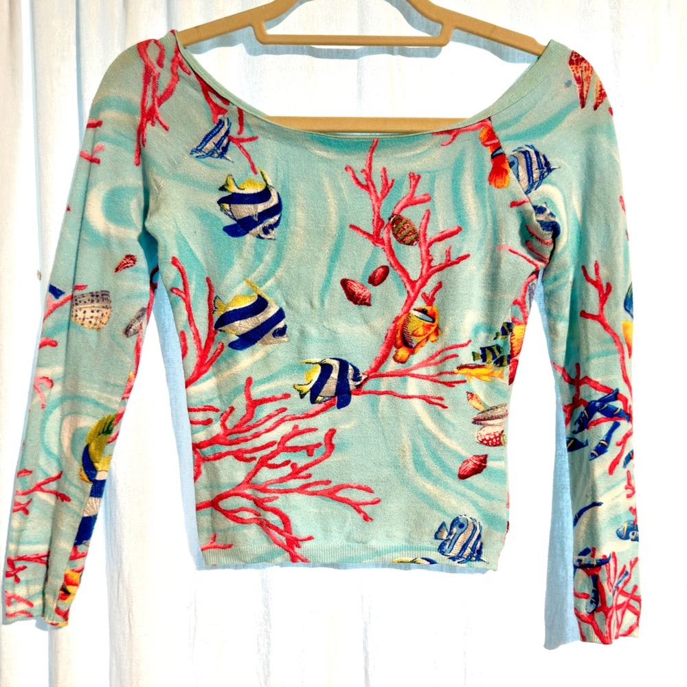 Designer Blue Marine Coral Reef Print Women's Top S Stretch Swearer Excellent